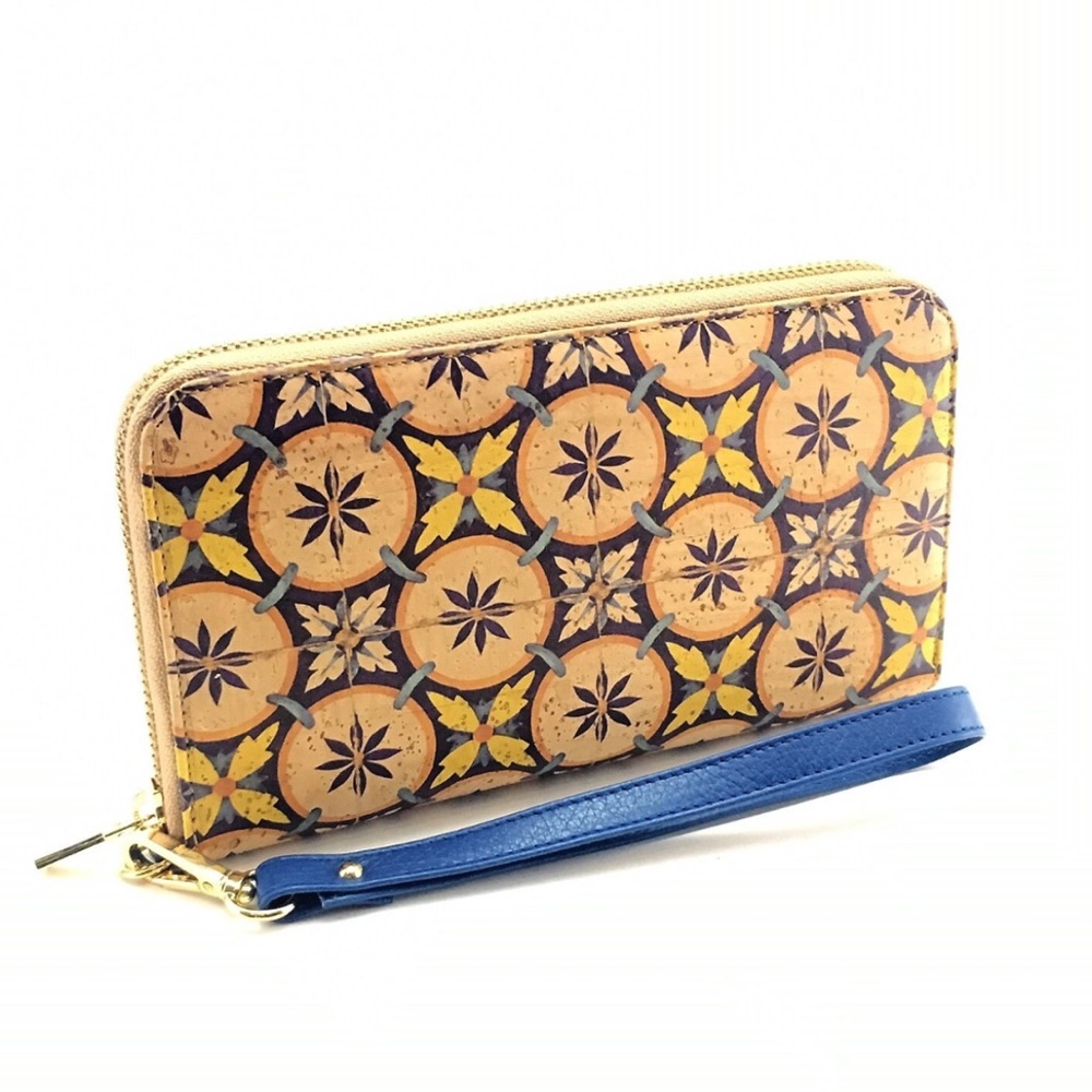 Stylish Blue Cork Clutch Purse Wallet Vegan Zipper Wristlet, Large Eco-Friendly